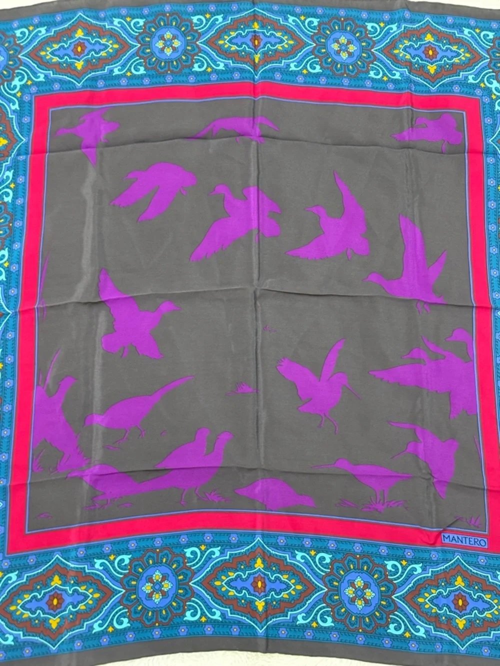 Mantero Multicolor Silk-Feel Square Scarf — Teal, Purple & Red Accents
